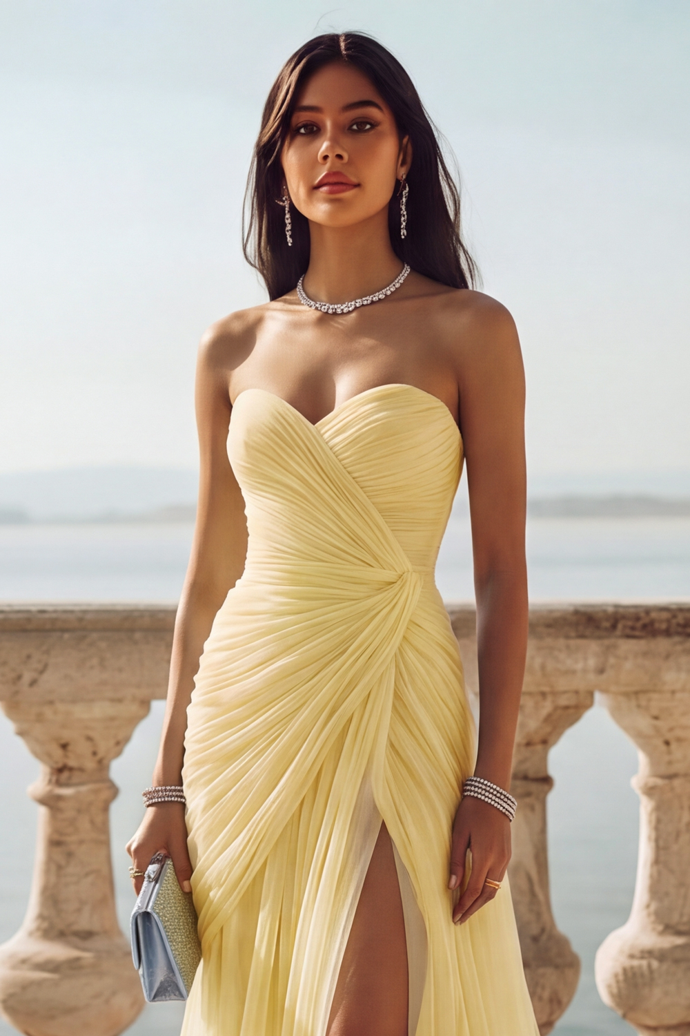 Light Blue Ruched Tulle Strapless Long Wedding Guest Dress with Slit