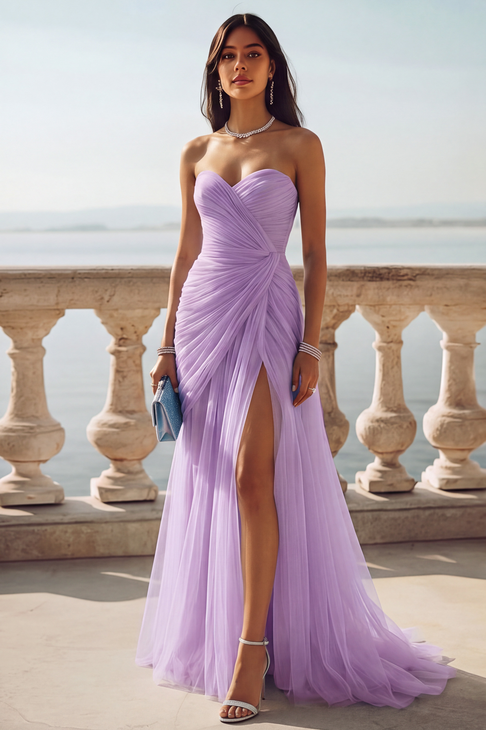Light Blue Ruched Tulle Strapless Long Wedding Guest Dress with Slit