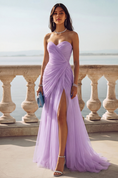 Light Blue Ruched Tulle Strapless Long Wedding Guest Dress with Slit