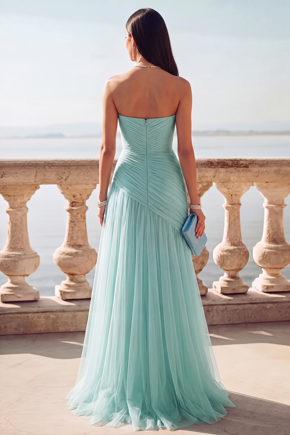 Light Blue Ruched Tulle Strapless Long Wedding Guest Dress with Slit