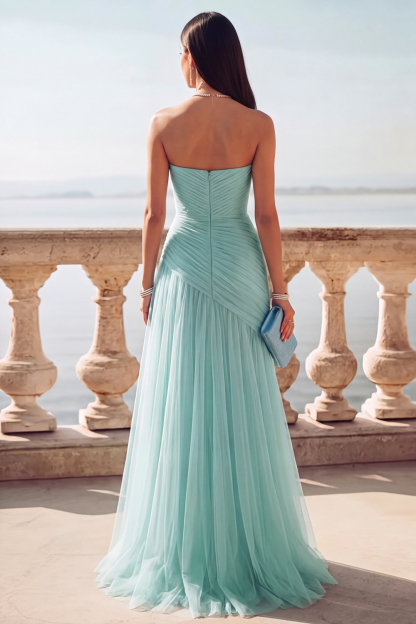 Light Blue Ruched Tulle Strapless Long Wedding Guest Dress with Slit