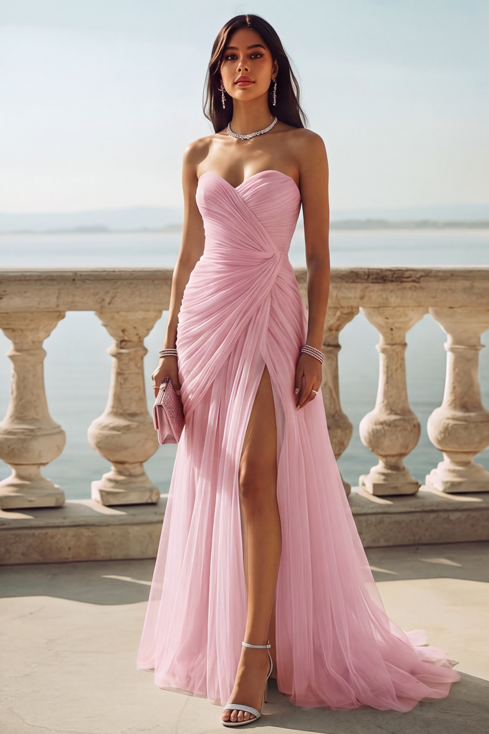 Light Blue Ruched Tulle Strapless Long Wedding Guest Dress with Slit