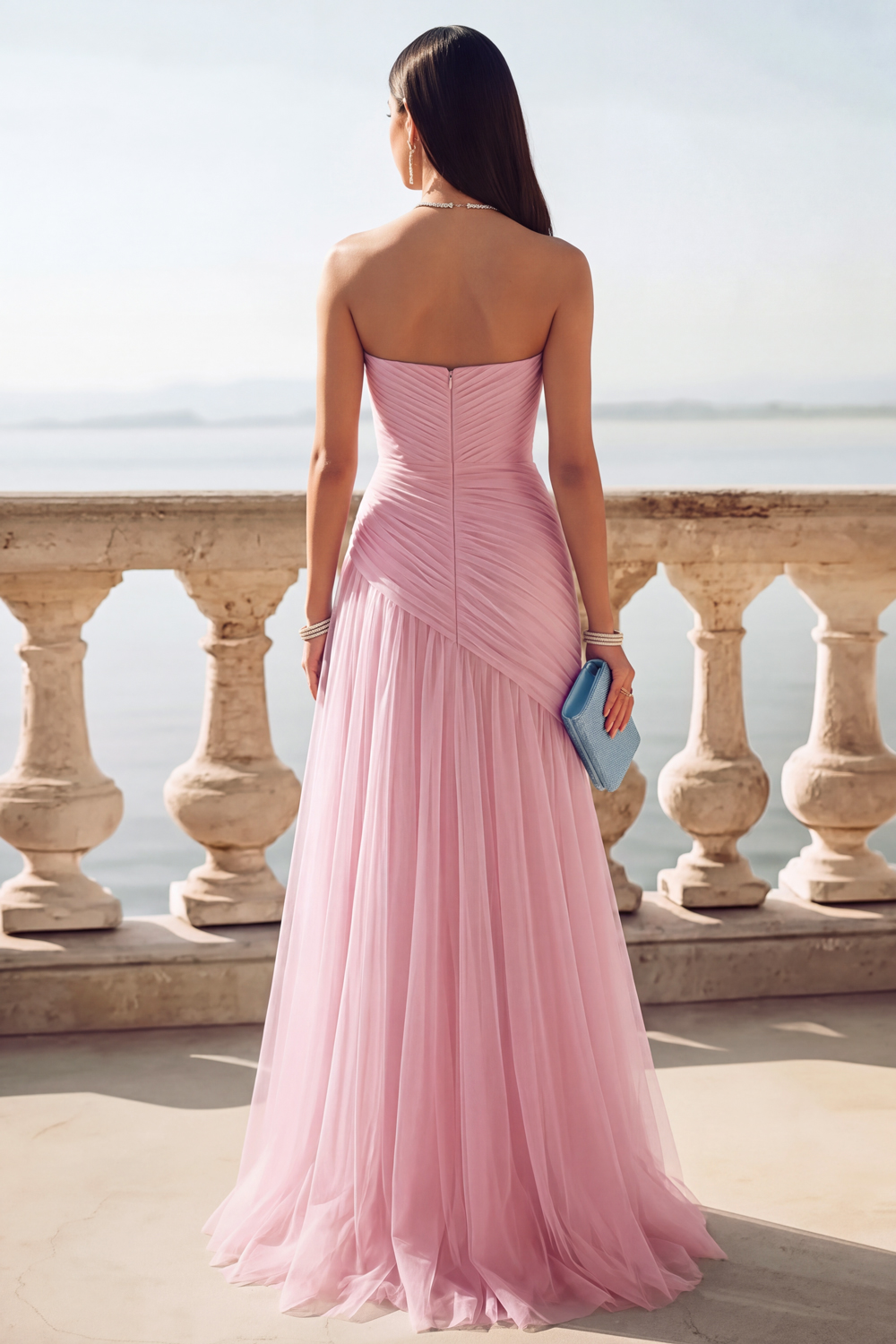 Light Blue Ruched Tulle Strapless Long Wedding Guest Dress with Slit