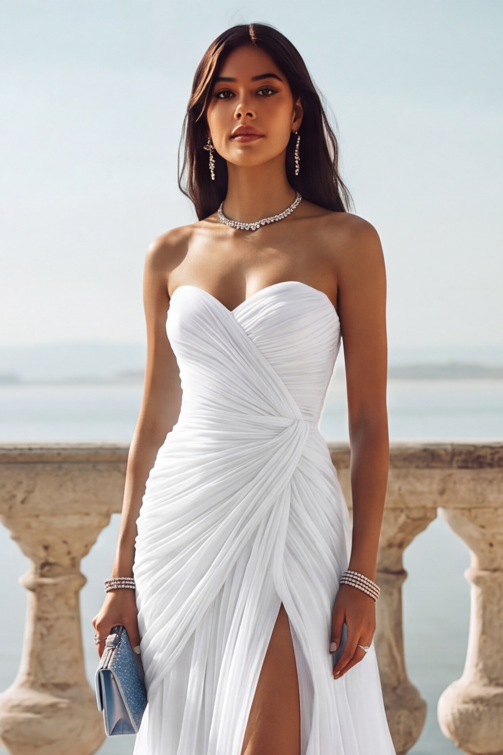Light Blue Ruched Tulle Strapless Long Wedding Guest Dress with Slit