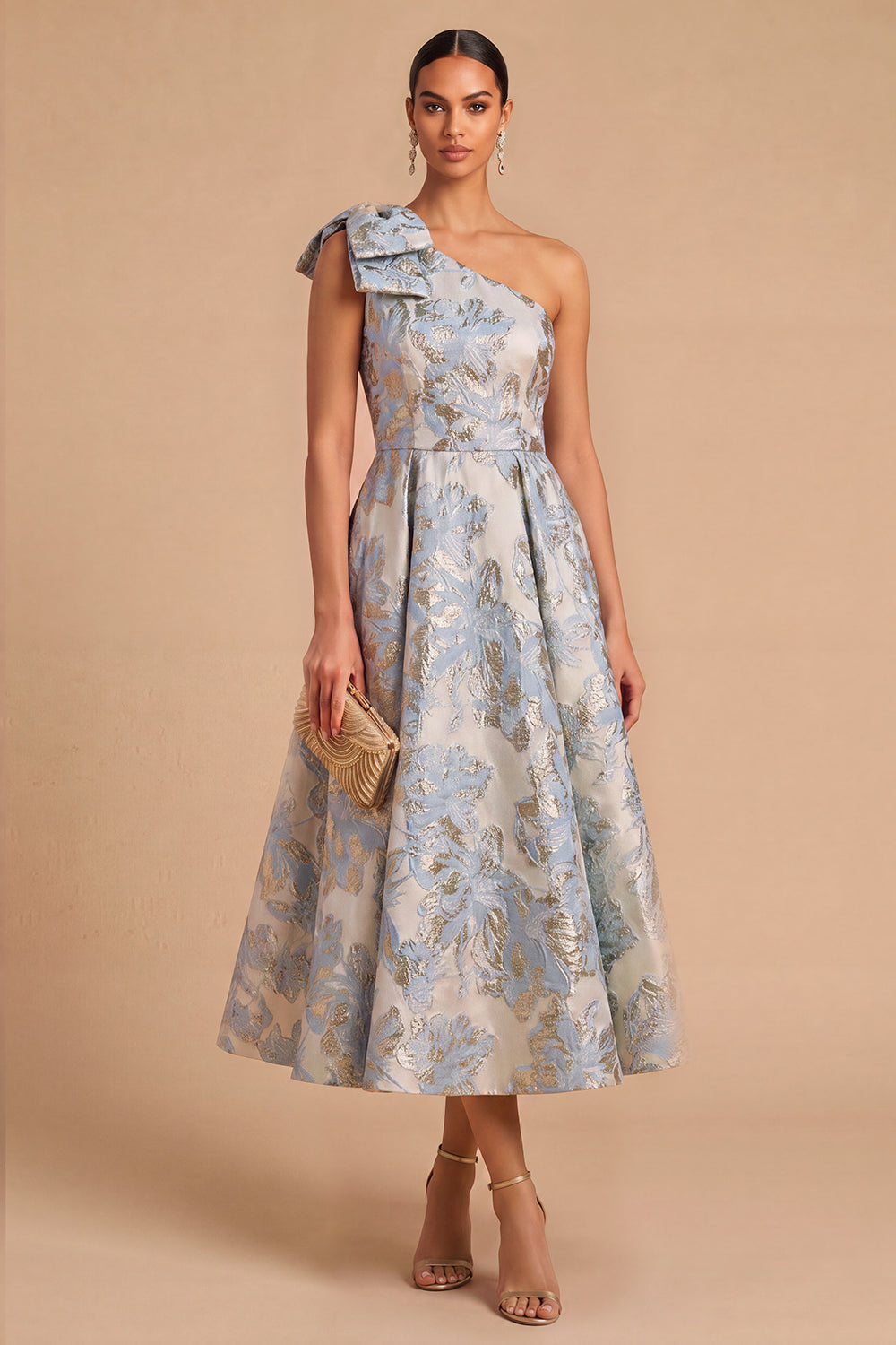 Light Blue Jacquard Floral One Shoulder A-Line Midi Wedding Guest Dress with Bow