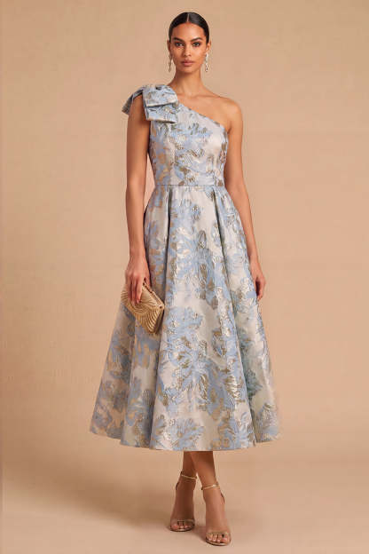Light Blue Jacquard Floral One Shoulder A-Line Midi Wedding Guest Dress with Bow
