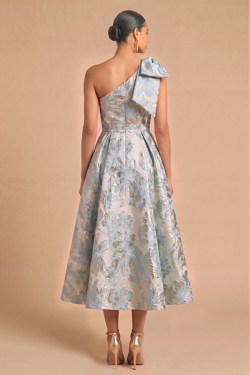 Light Blue Jacquard Floral One Shoulder A-Line Midi Wedding Guest Dress with Bow