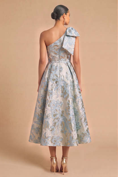 Light Blue Jacquard Floral One Shoulder A-Line Midi Wedding Guest Dress with Bow