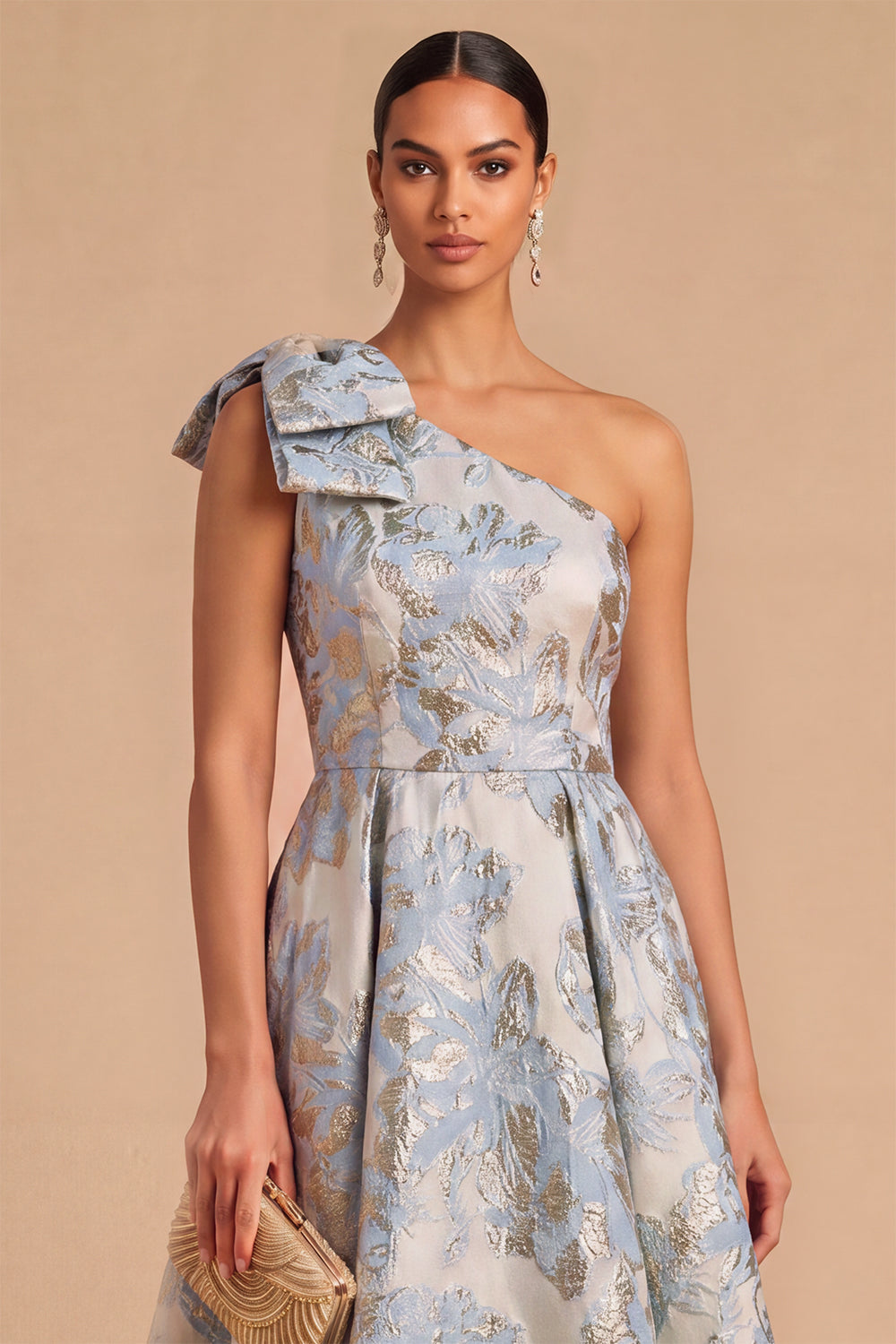 Light Blue Jacquard Floral One Shoulder A-Line Midi Wedding Guest Dress with Bow