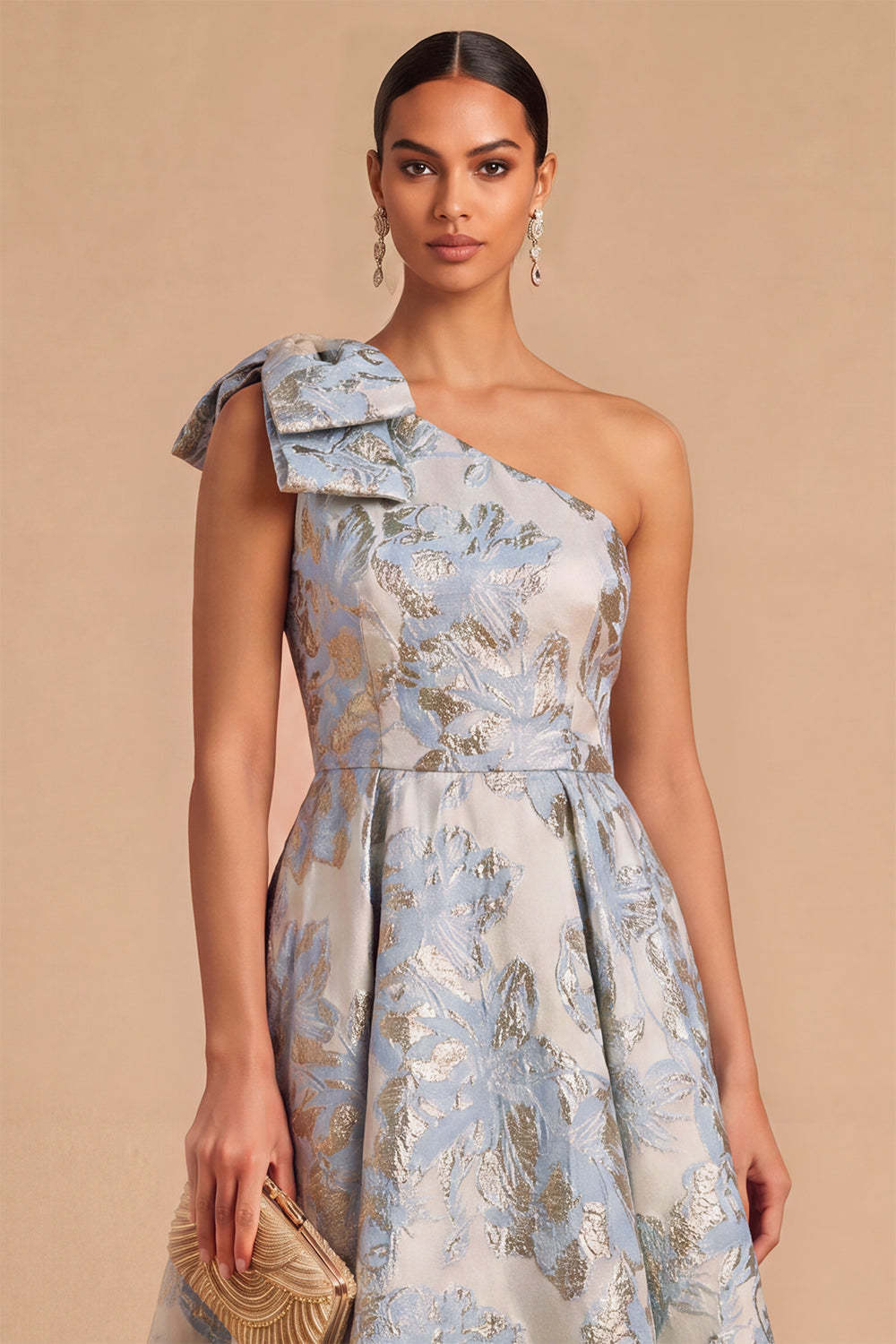 Light Blue Jacquard Floral One Shoulder A-Line Midi Wedding Guest Dress with Bow