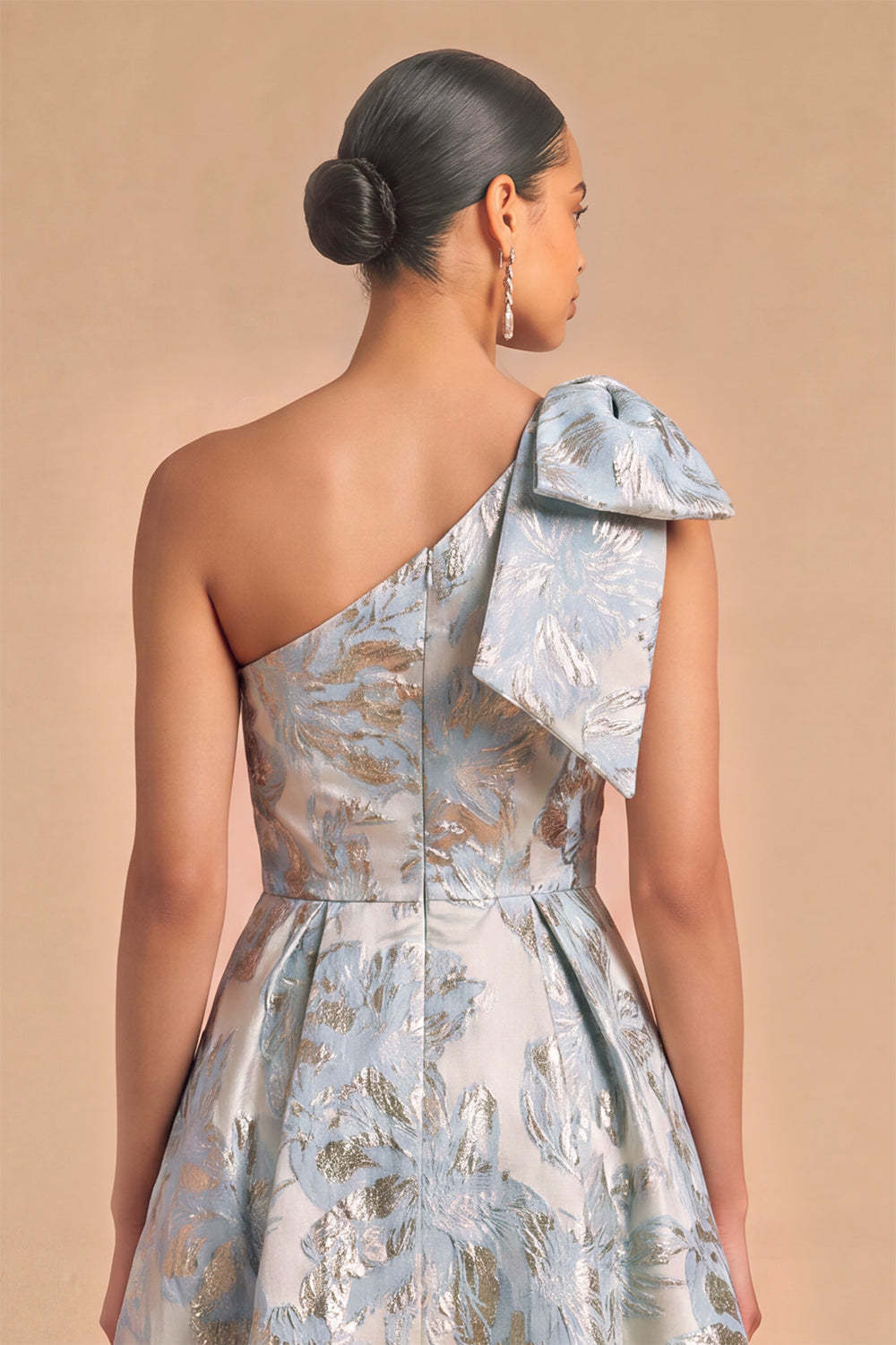 Light Blue Jacquard Floral One Shoulder A-Line Midi Wedding Guest Dress with Bow