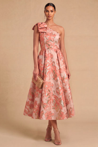 Light Blue Jacquard Floral One Shoulder A-Line Midi Wedding Guest Dress with Bow