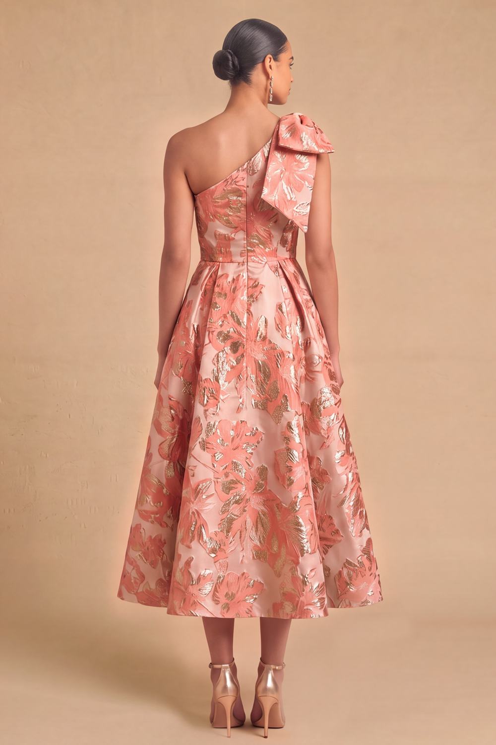 Light Blue Jacquard Floral One Shoulder A-Line Midi Wedding Guest Dress with Bow