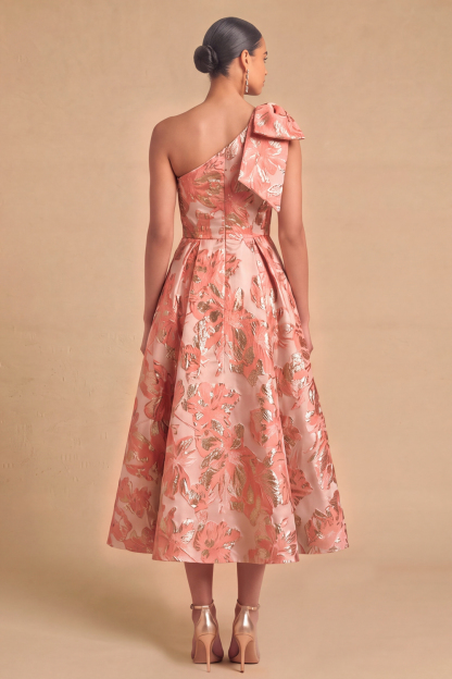 Light Blue Jacquard Floral One Shoulder A-Line Midi Wedding Guest Dress with Bow