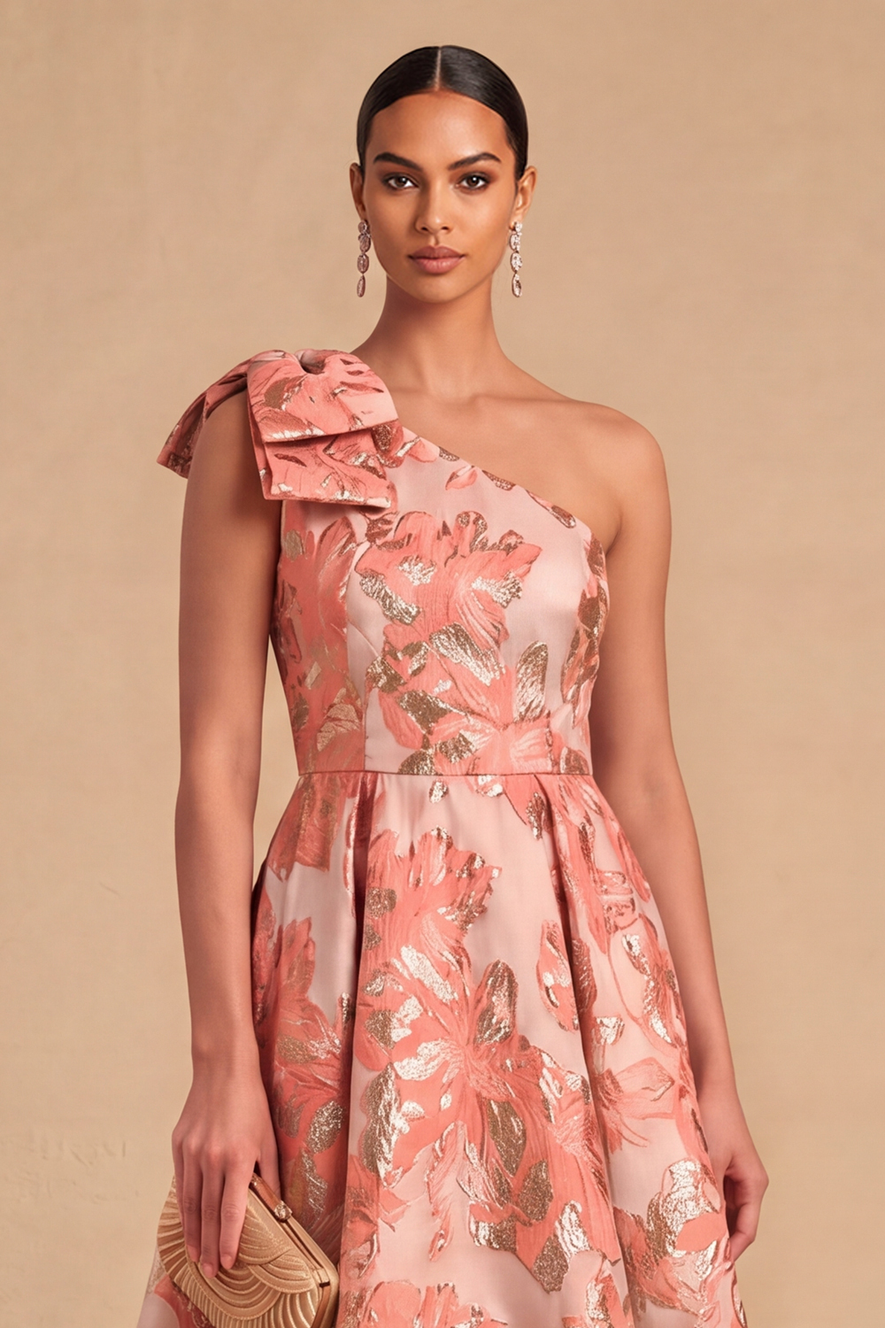 Light Blue Jacquard Floral One Shoulder A-Line Midi Wedding Guest Dress with Bow