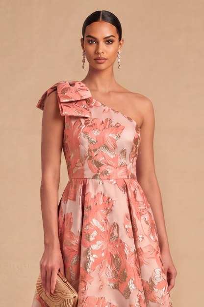 Light Blue Jacquard Floral One Shoulder A-Line Midi Wedding Guest Dress with Bow