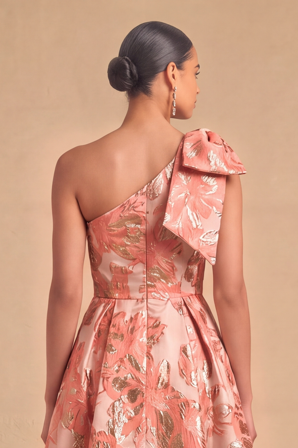Light Blue Jacquard Floral One Shoulder A-Line Midi Wedding Guest Dress with Bow