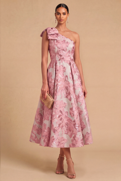 Leely Women Floral Light Blue Jacquard Midi Formal Dress A-Line One Shoulder Wedding Guest Dress with Bow