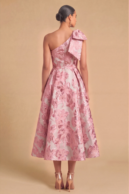 Light Blue Jacquard Floral One Shoulder A-Line Midi Wedding Guest Dress with Bow