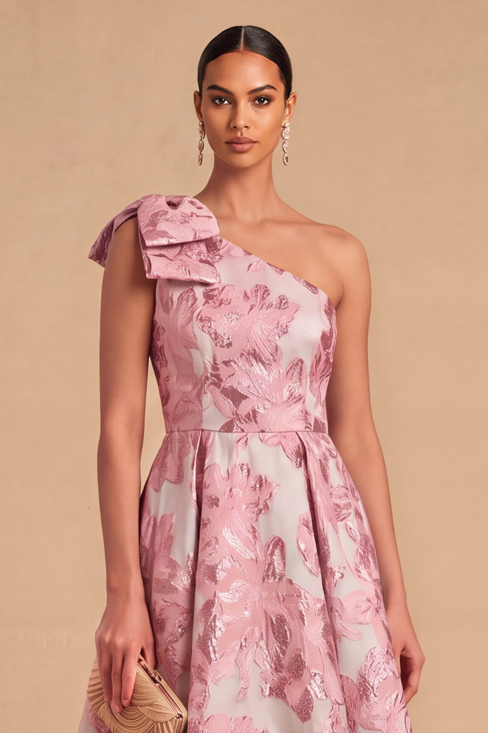 Light Blue Jacquard Floral One Shoulder A-Line Midi Wedding Guest Dress with Bow