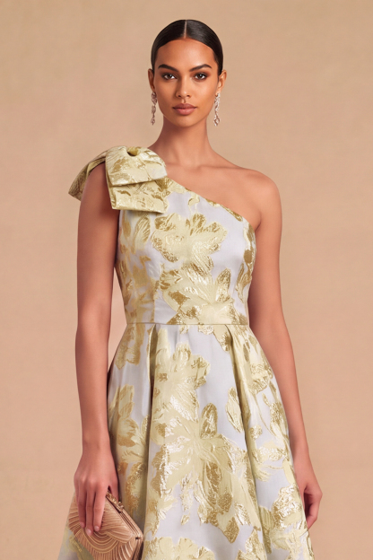 Light Blue Jacquard Floral One Shoulder A-Line Midi Wedding Guest Dress with Bow