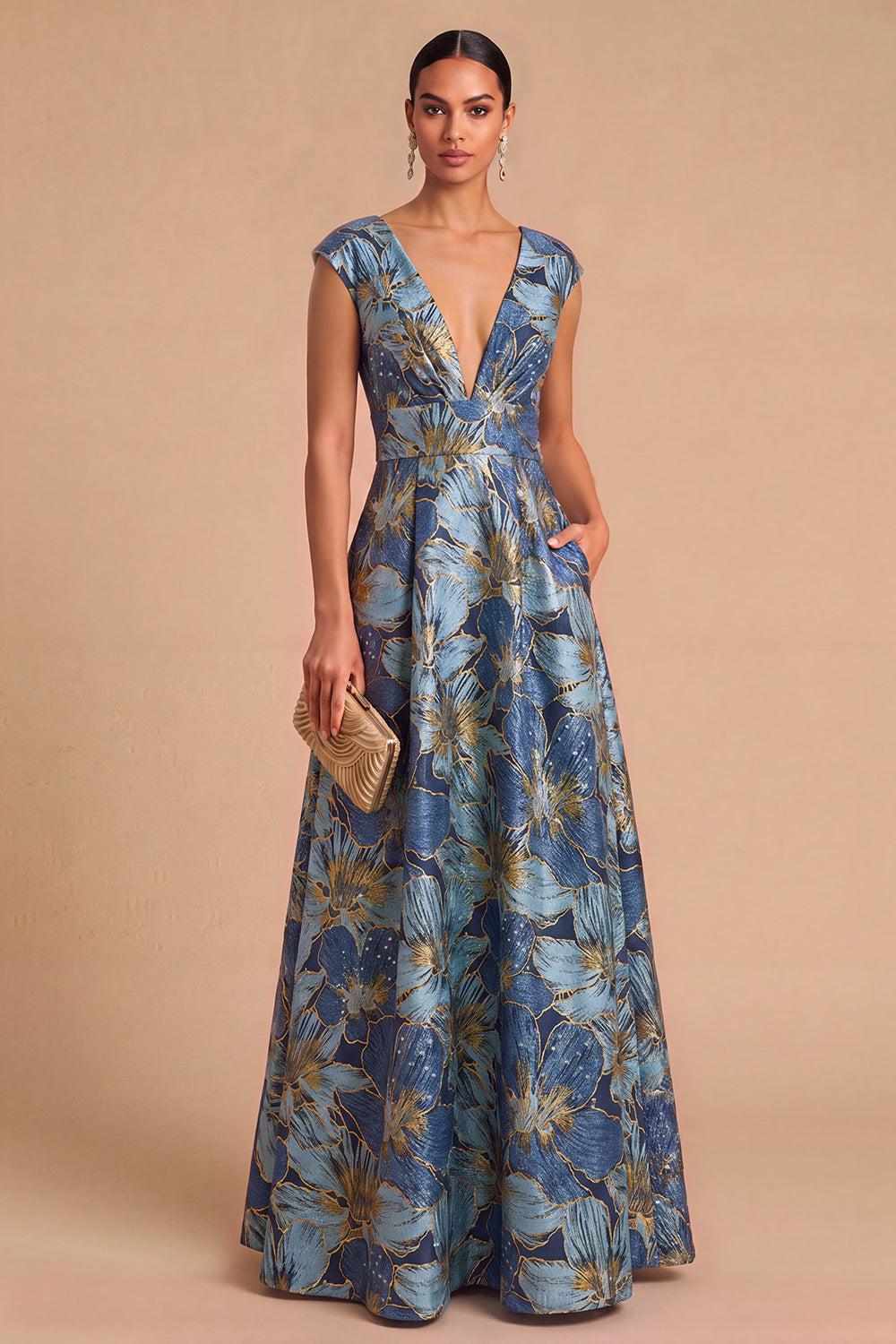 Leely Women Blue Floral Jacquard Long Formal Dress A-Line V-Neck Jewel Toned Formal Wedding Guest Dress with Sleeves
