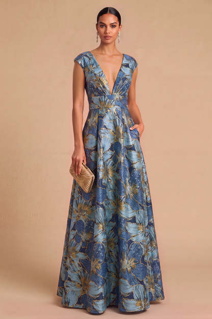 Leely Women Blue Floral Jacquard Long Formal Dress A-Line V-Neck Jewel Toned Formal Wedding Guest Dress with Sleeves
