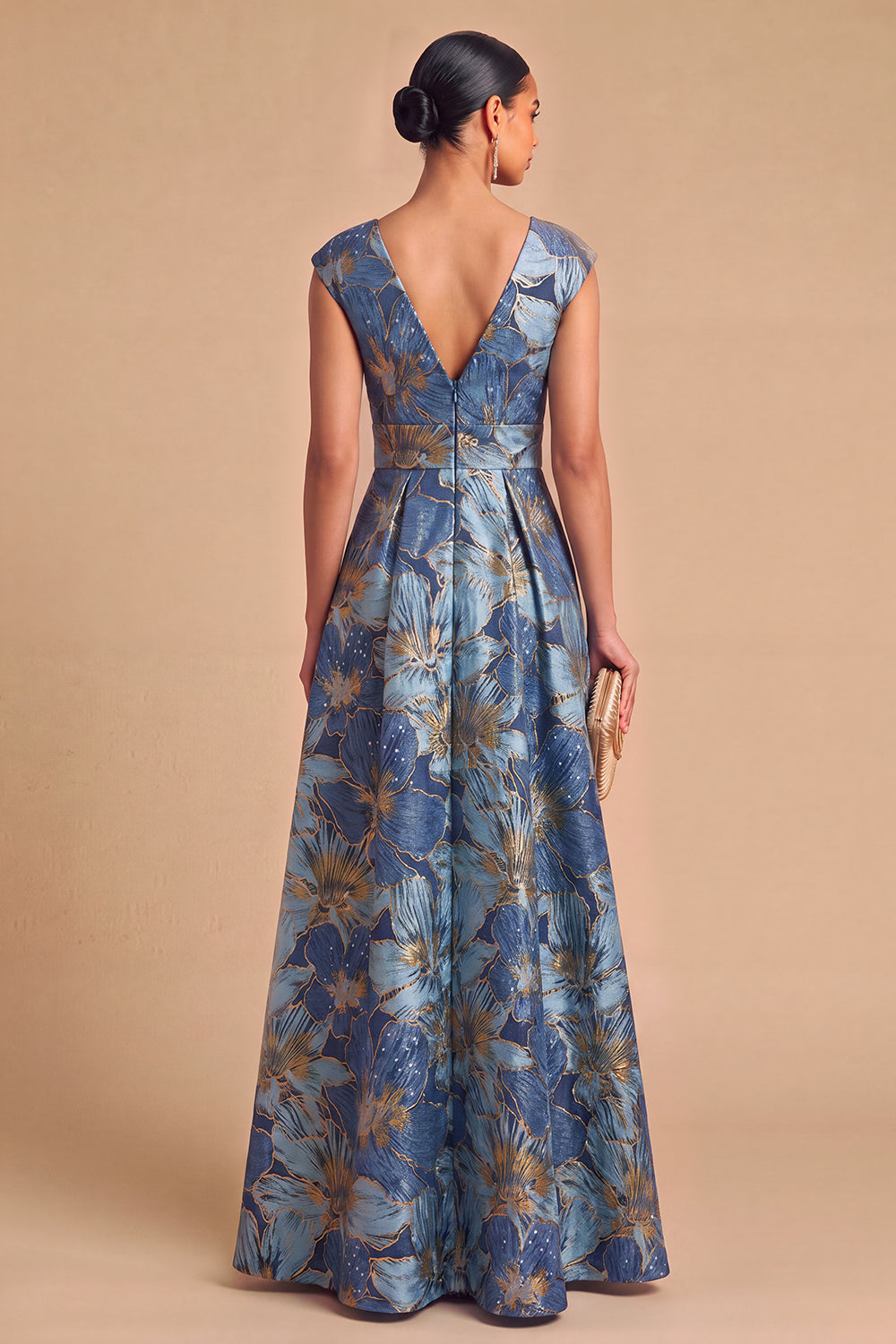 Leely Women Blue Floral Jacquard Long Formal Dress A-Line V-Neck Jewel Toned Formal Wedding Guest Dress with Sleeves
