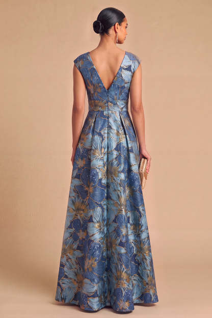 Leely Women Blue Floral Jacquard Long Formal Dress A-Line V-Neck Jewel Toned Formal Wedding Guest Dress with Sleeves
