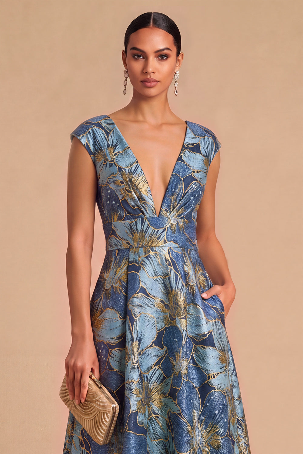 Floral Blue Jacquard V-Neck A-Line Long Wedding Guest Dress