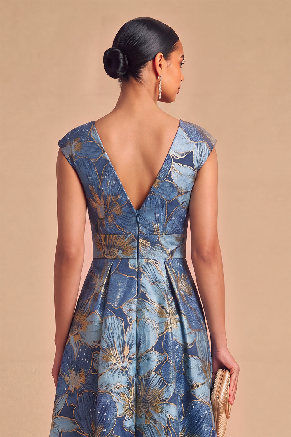 Floral Blue Jacquard V-Neck A-Line Long Wedding Guest Dress