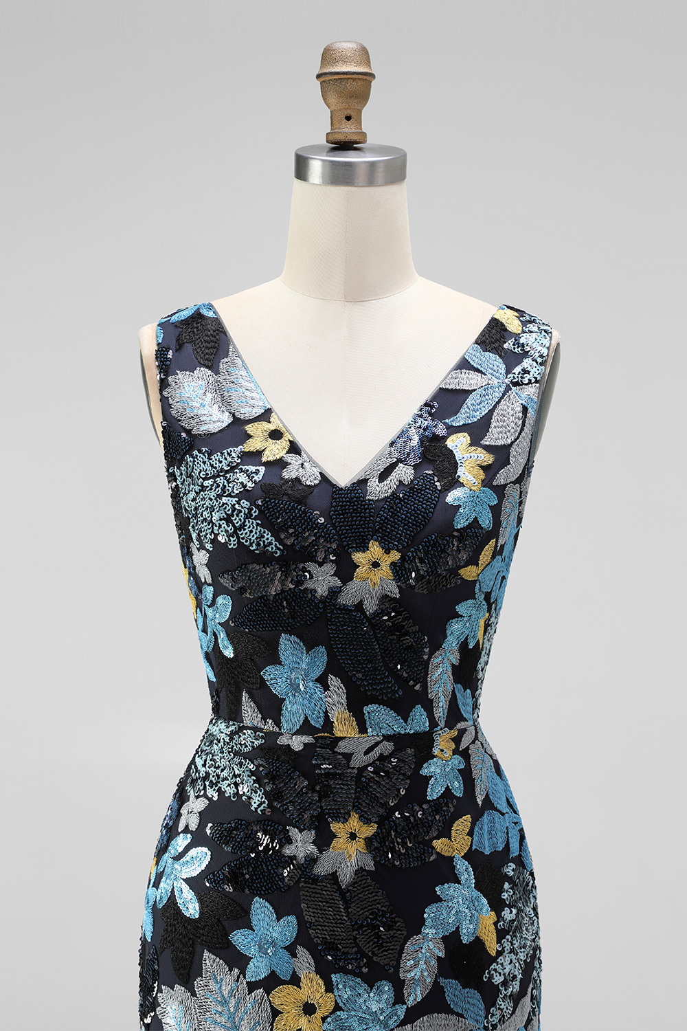 Sparkly Sequins Black Floral V-Neck Mermaid Midi Wedding Guest Dress with Slit