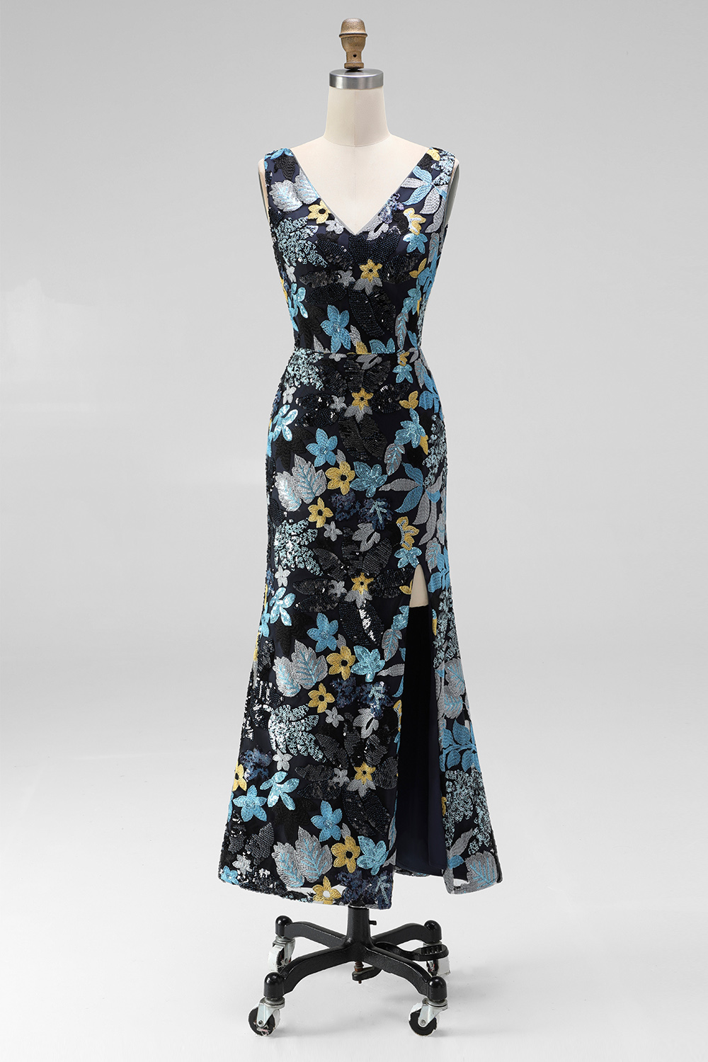 Sparkly Sequins Black Floral V-Neck Mermaid Midi Wedding Guest Dress with Slit