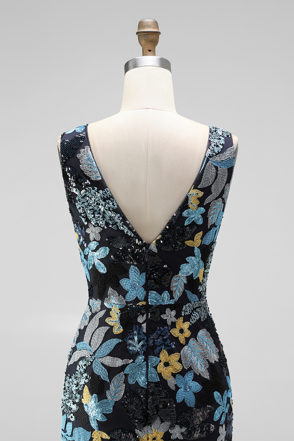 Sparkly Sequins Black Floral V-Neck Mermaid Midi Wedding Guest Dress with Slit