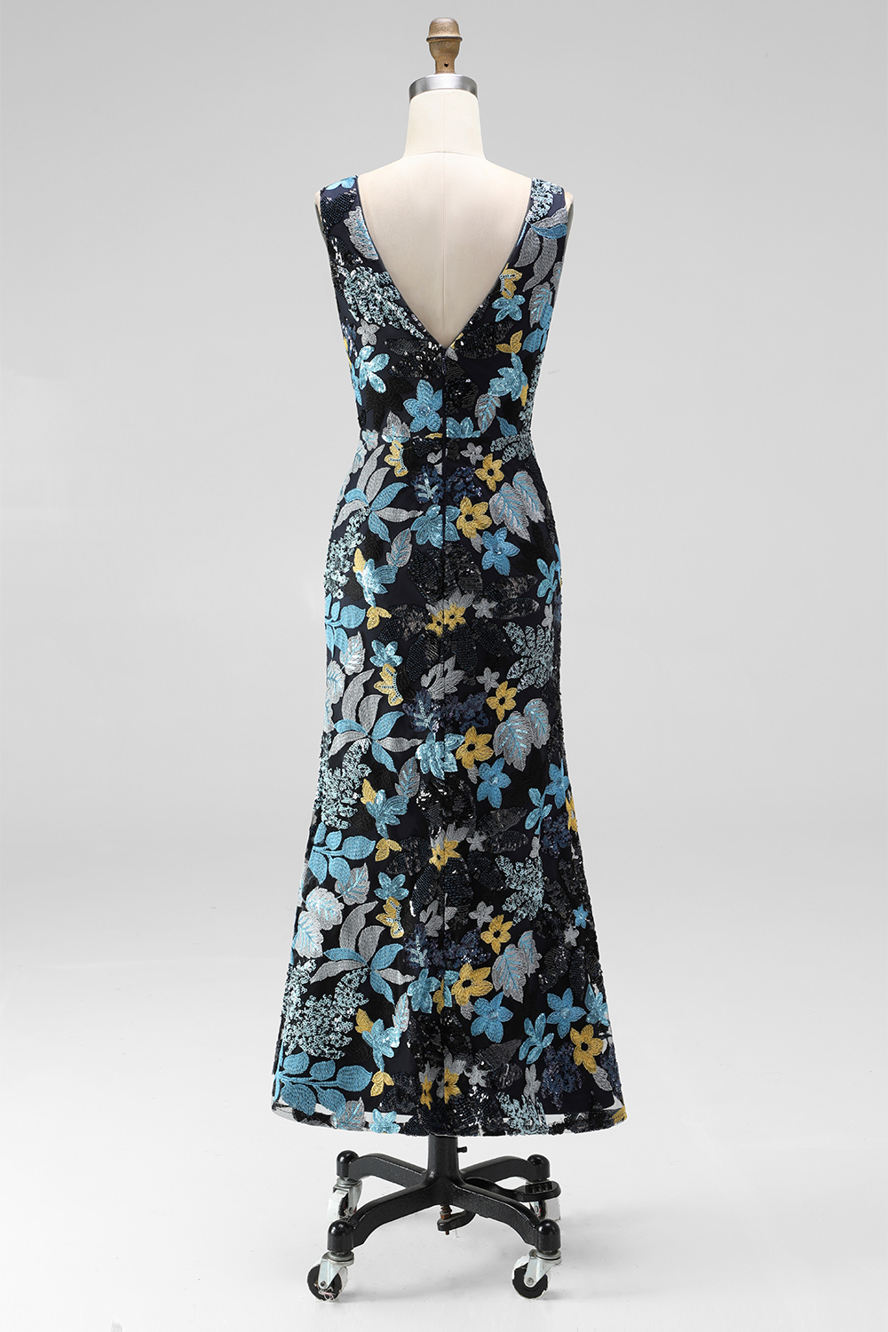 Sparkly Sequins Black Floral V-Neck Mermaid Midi Wedding Guest Dress with Slit