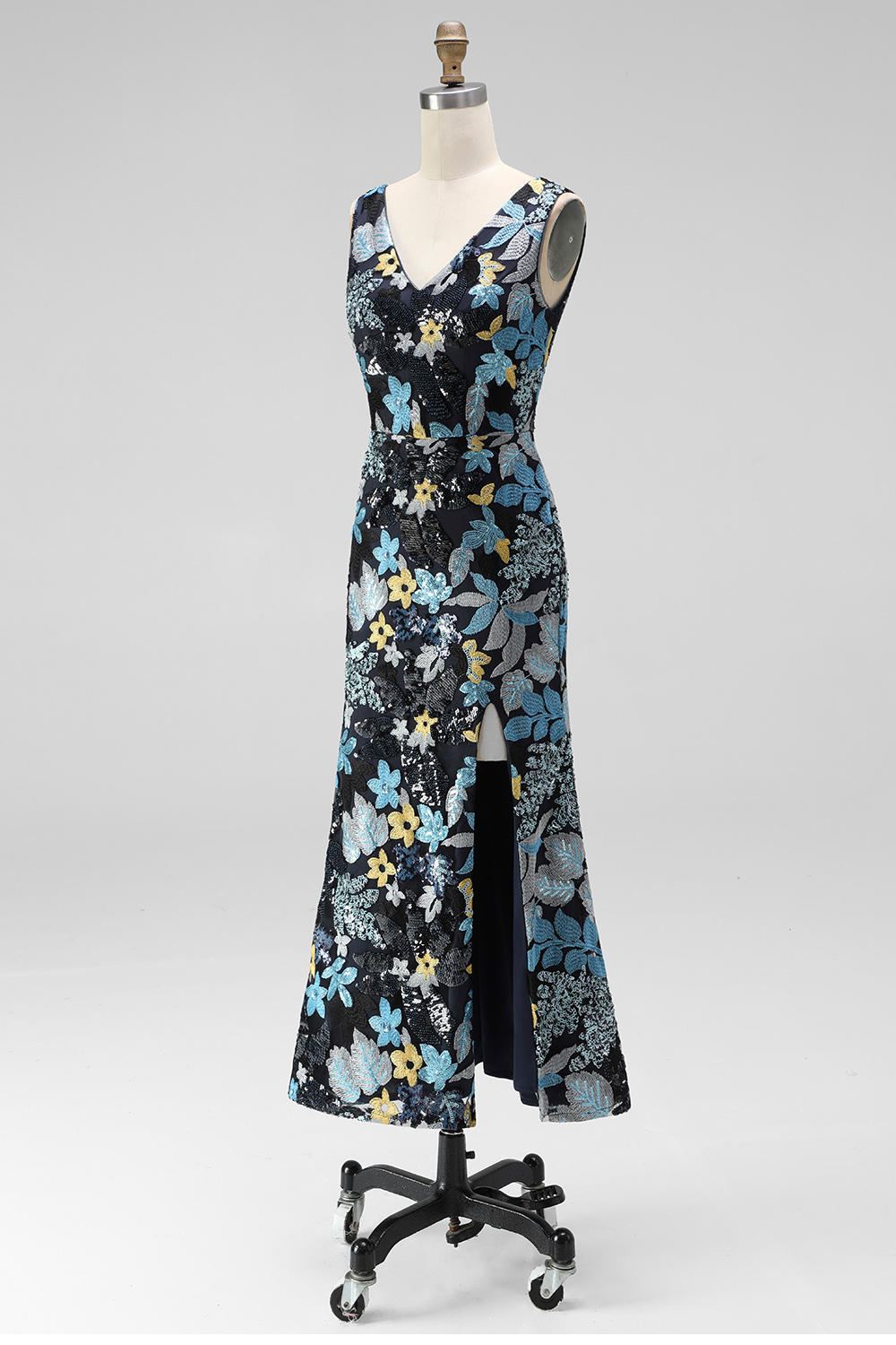Sparkly Sequins Black Floral V-Neck Mermaid Midi Wedding Guest Dress with Slit