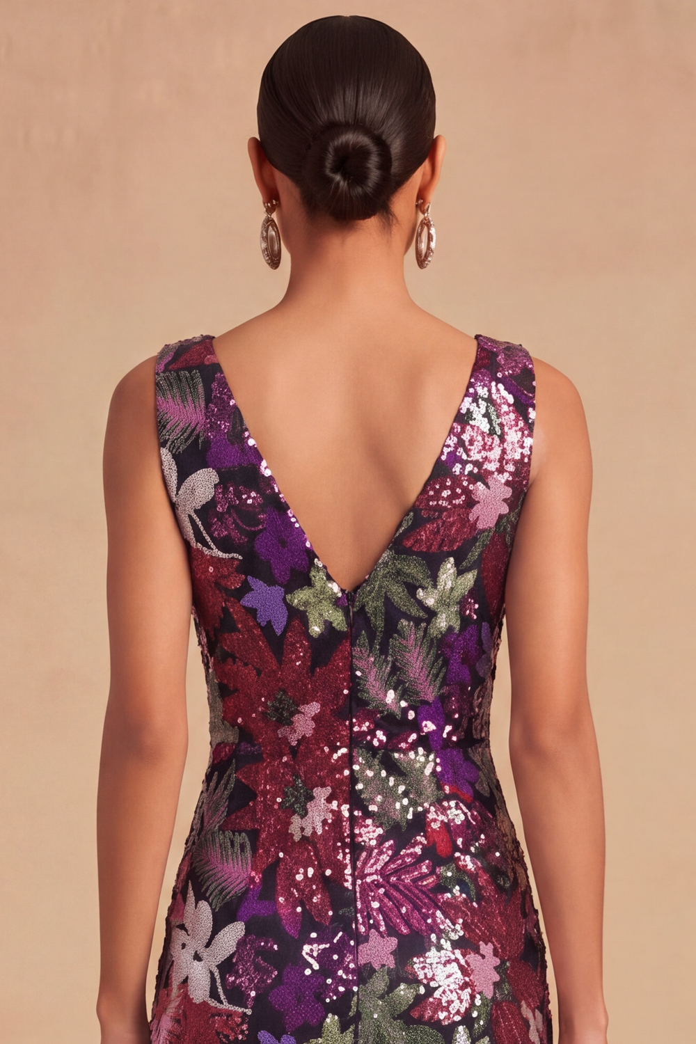 Spark Sequins Black Floral V-Neck Mermaid Midi Wedding Guest Dress with Slit