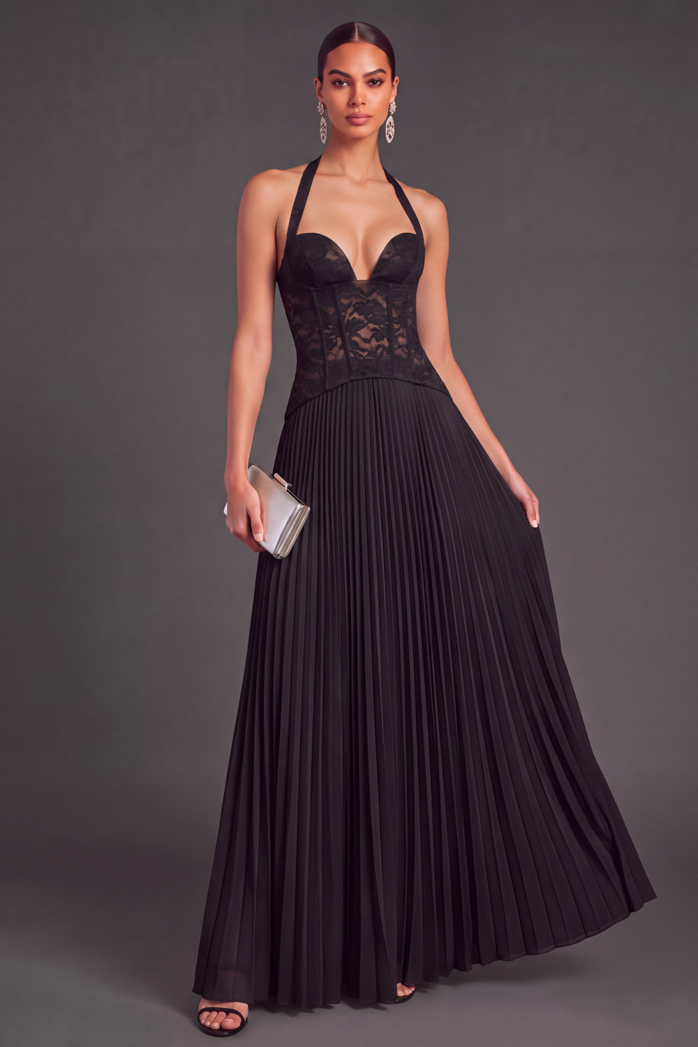 White Halter Lace Corset Pleated A-Line Long Wedding Guest Dress