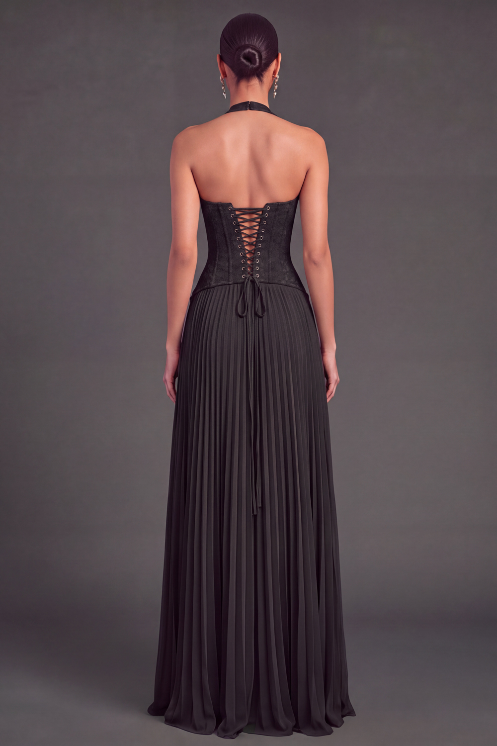 White Halter Lace Corset Pleated A-Line Long Wedding Guest Dress