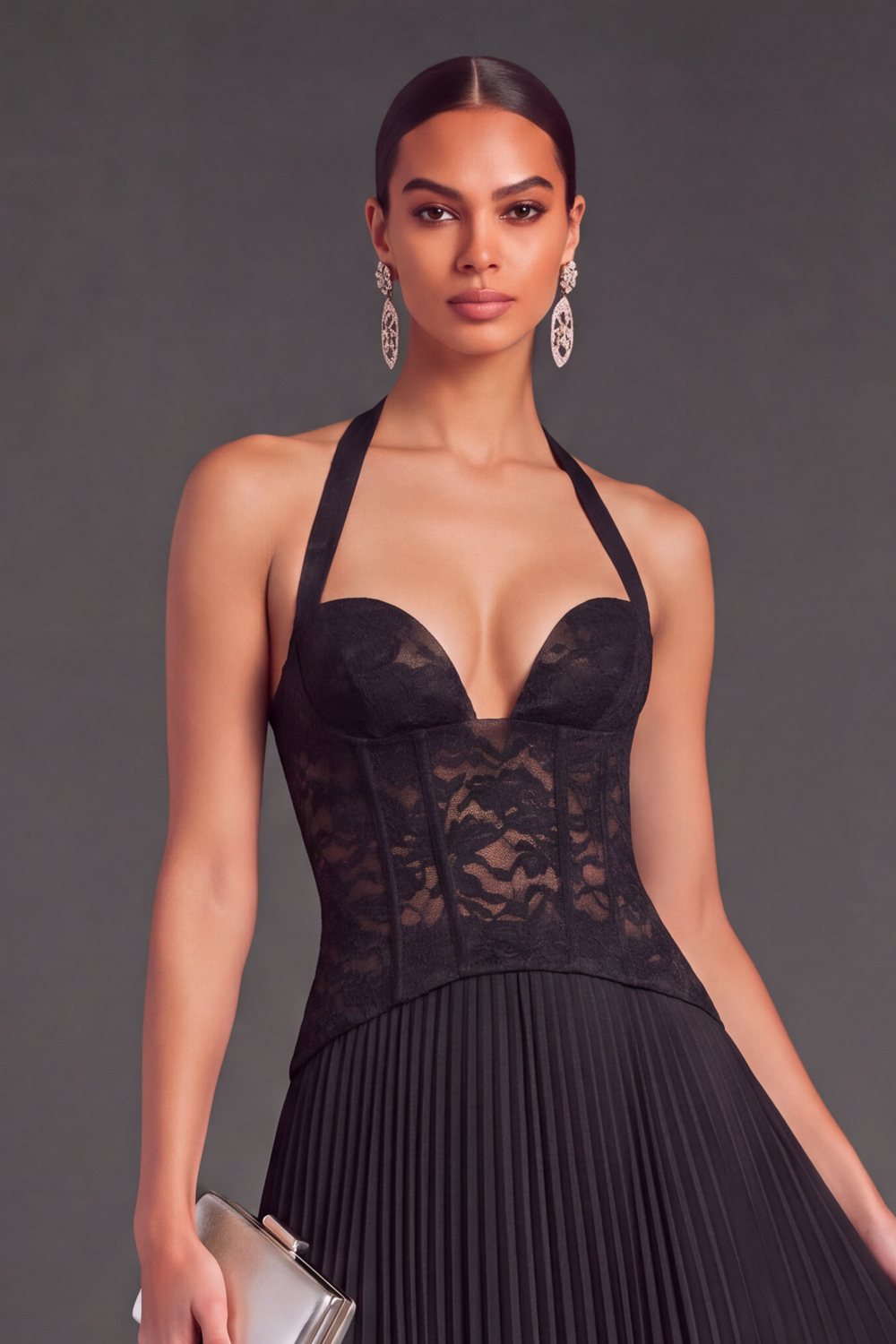 White Halter Lace Corset Pleated A-Line Long Wedding Guest Dress