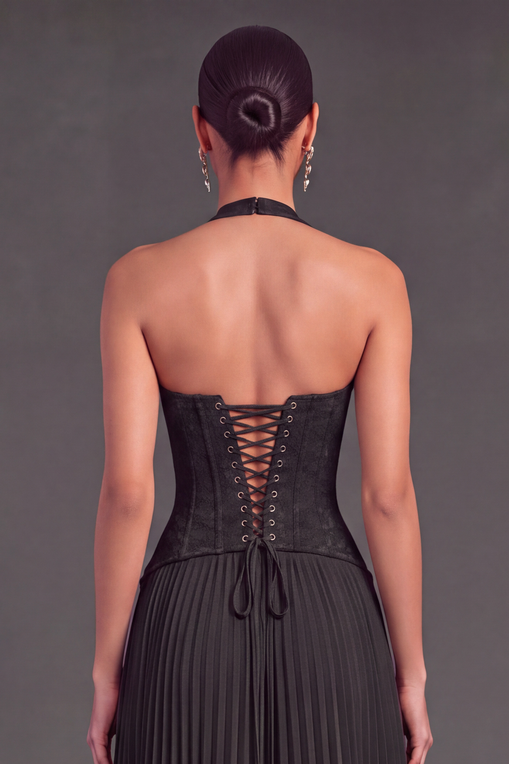 White Halter Lace Corset Pleated A-Line Long Wedding Guest Dress