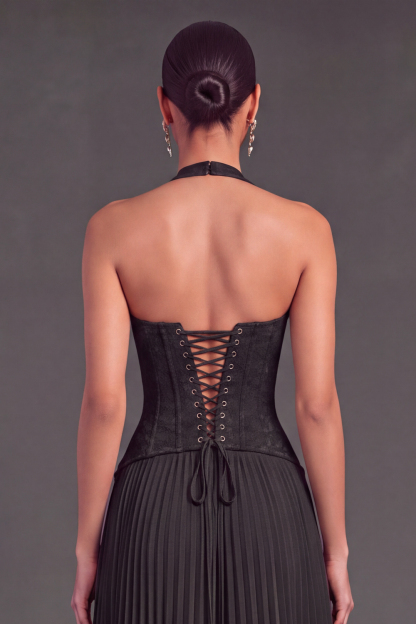 White Halter Lace Corset Pleated A-Line Long Wedding Guest Dress