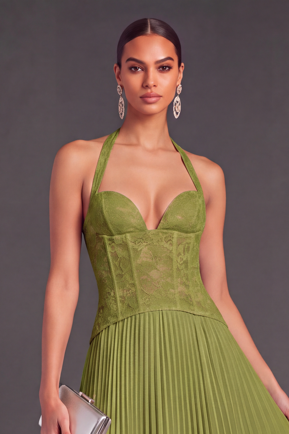 White Halter Lace Corset Pleated A-Line Long Wedding Guest Dress
