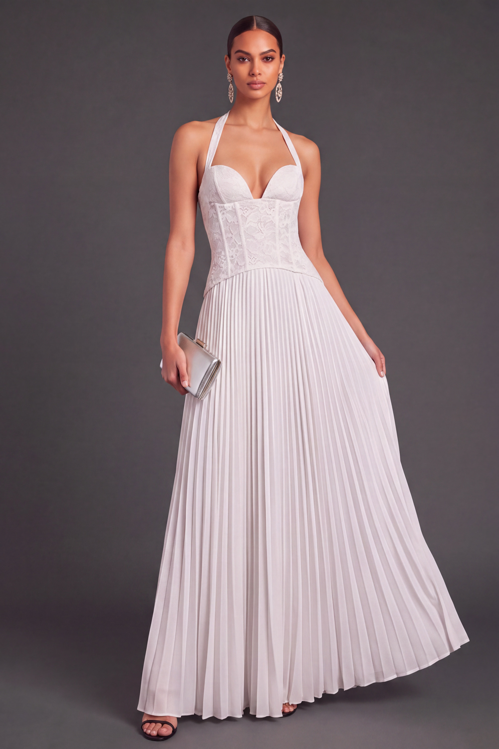 White Halter Lace Corset Pleated A-Line Long Wedding Guest Dress