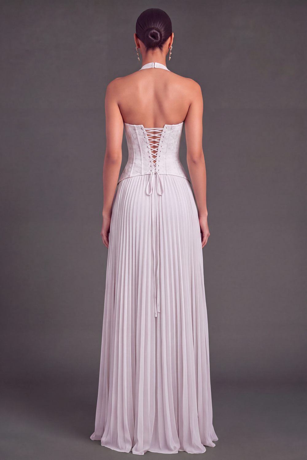 White Halter Lace Corset Pleated A-Line Long Wedding Guest Dress