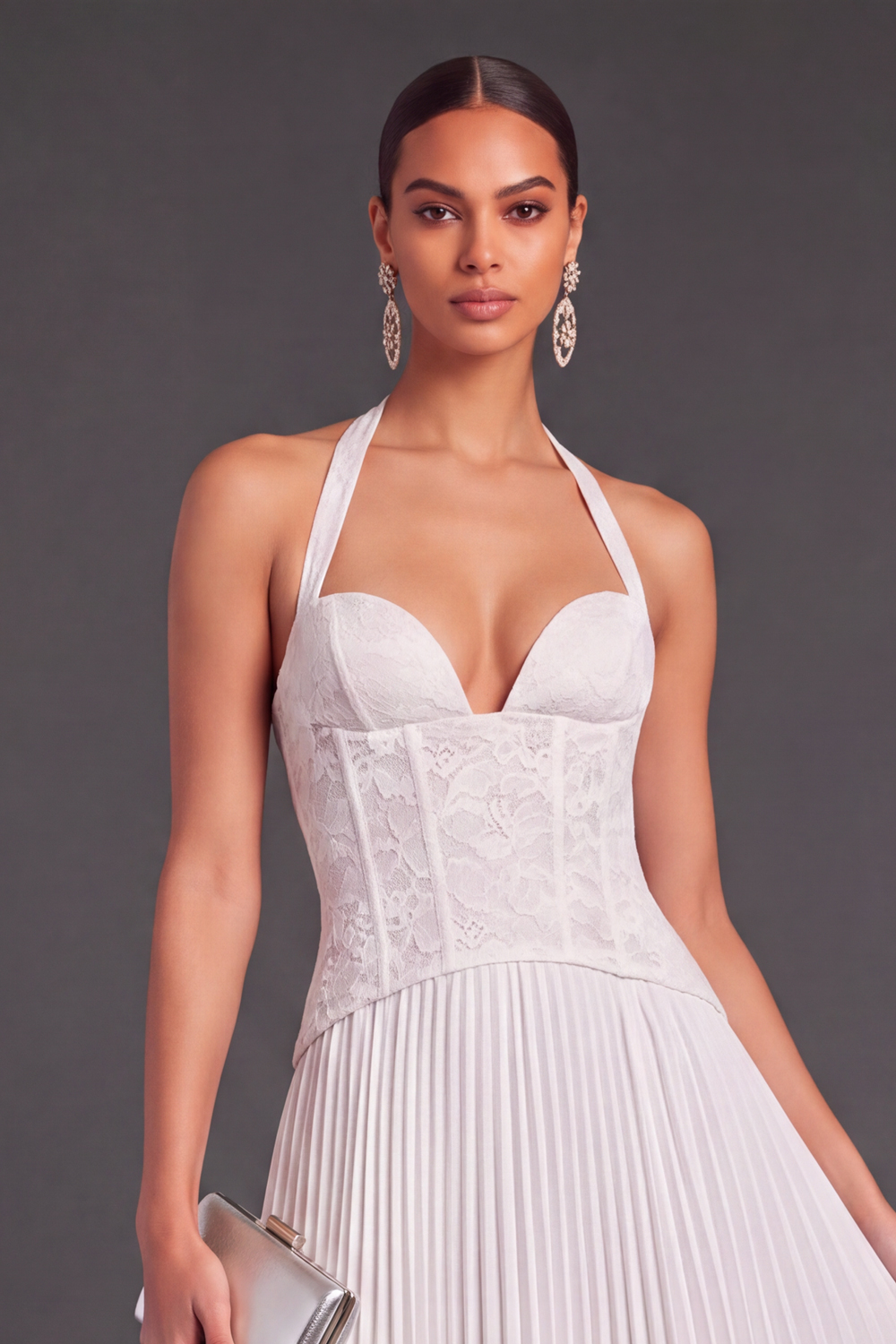 White Halter Lace Corset Pleated A-Line Long Wedding Guest Dress
