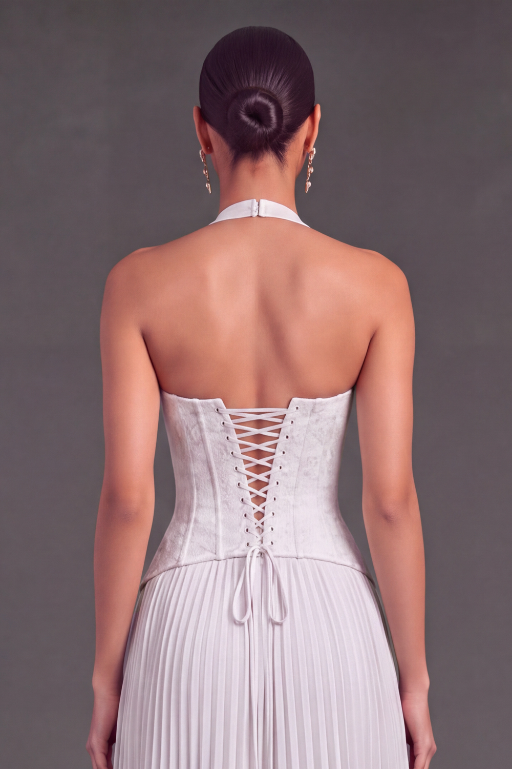White Halter Lace Corset Pleated A-Line Long Wedding Guest Dress