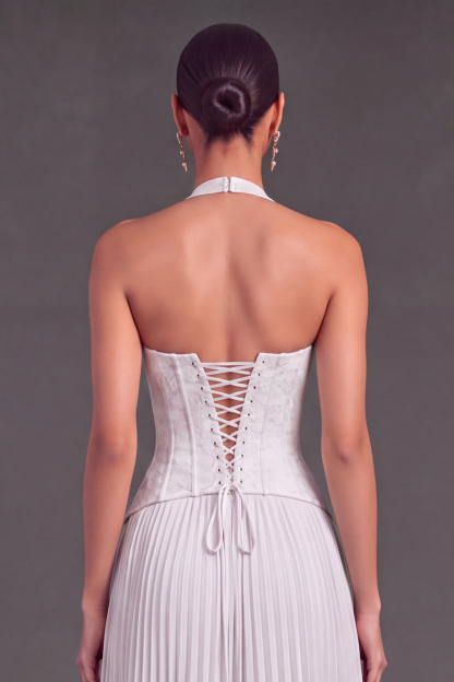 White Halter Lace Corset Pleated A-Line Long Wedding Guest Dress