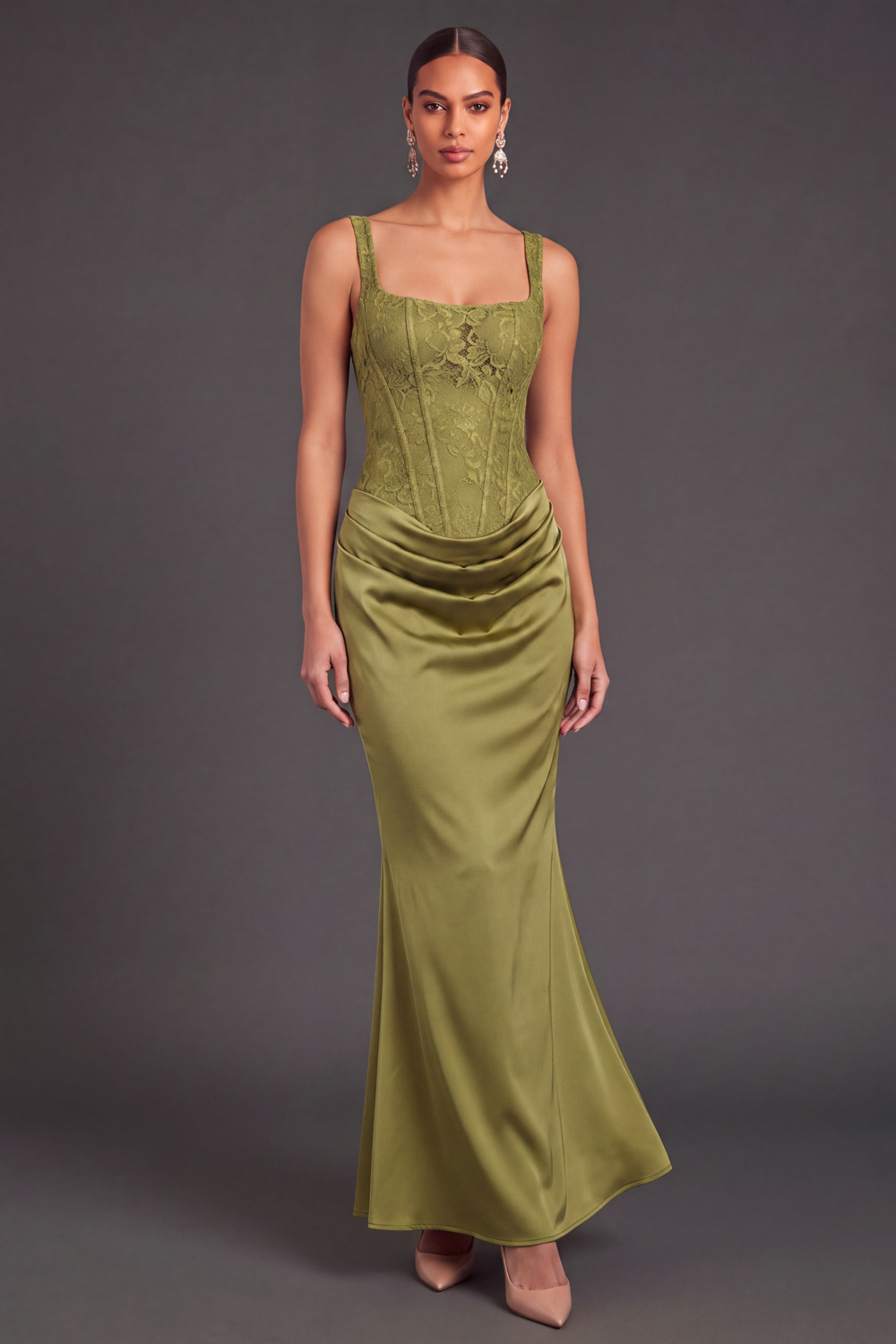 Grass Green Square Neck Ruched Corset Long Mermaid Wedding Guest Dress