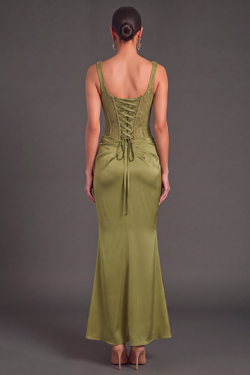 Grass Green Square Neck Ruched Corset Long Mermaid Wedding Guest Dress